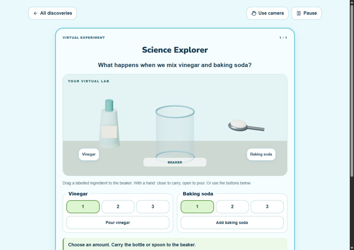 AirWords Science Explorer preview with a virtual beaker, vinegar and baking soda controls