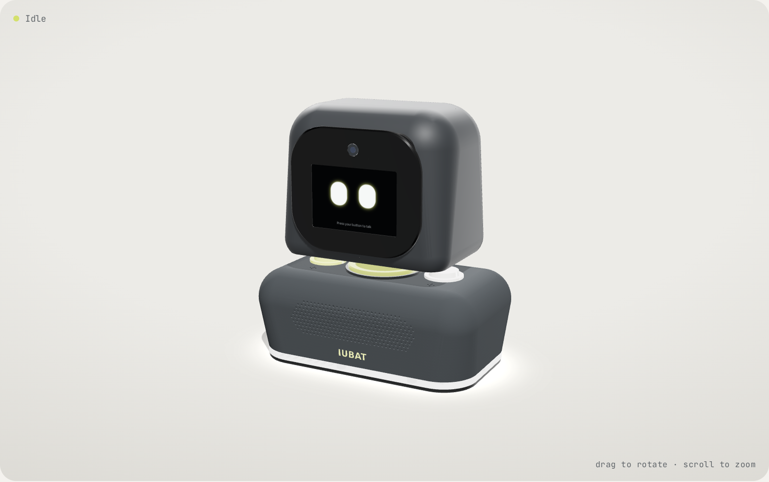 Design concept for Setu: a rounded charcoal desk robot with expressive eyes and a light ring